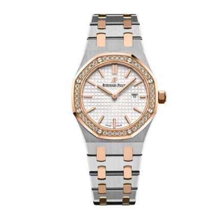 Audemars Piguet Royal Oak Quartz Ladies Rose Gold Steel Silver Index Diamond Bezel 67651sr Zz 1261sr 01 Replica 1