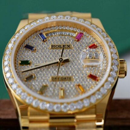 Dong Ho Rolex Che Tac Day Date Boc Vang 18K Do Kim Cuong Moissanite GMF 36mm 10 768x768 1