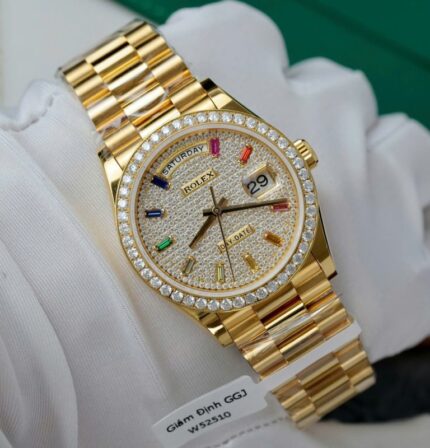 Dong Ho Rolex Che Tac Day Date Boc Vang 18K Do Kim Cuong Moissanite GMF 36mm 4 768x800 1