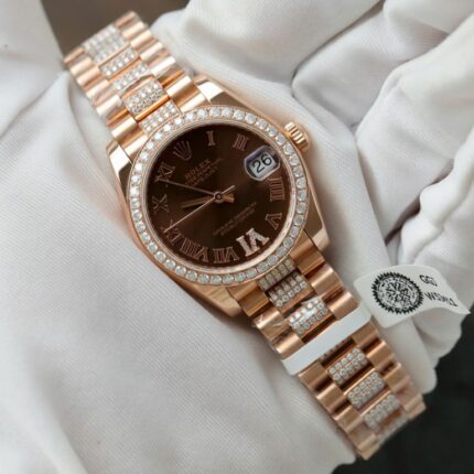 Dong Ho Rolex DateJust Nu Mat Chocolate Che Tac Boc Vang Dinh Moissanite 31mm 2 768x768 1